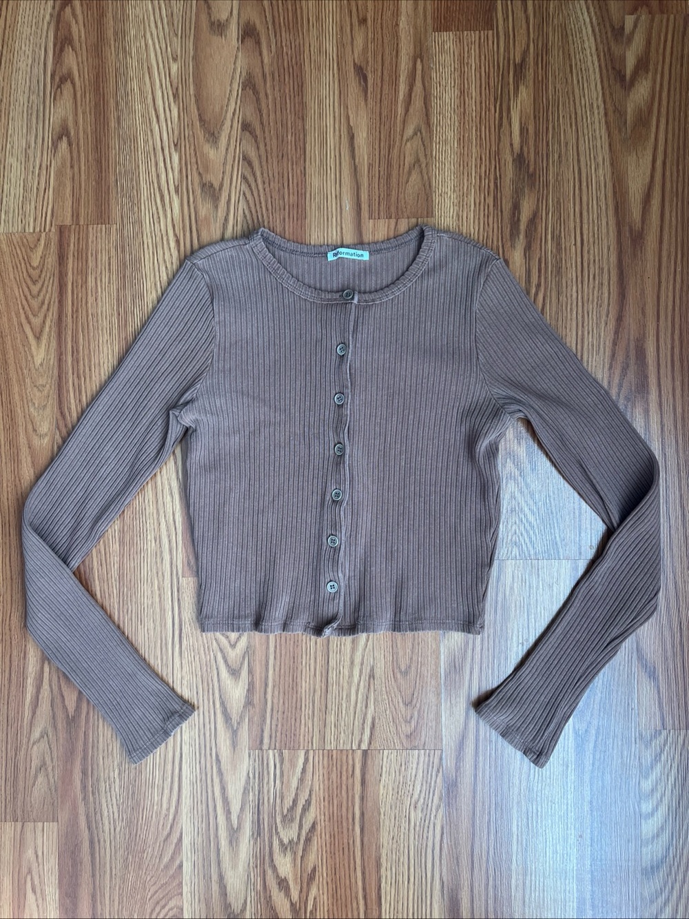 Reformation Ribbed Button-Front Long Sleeve Crop Top - Brown